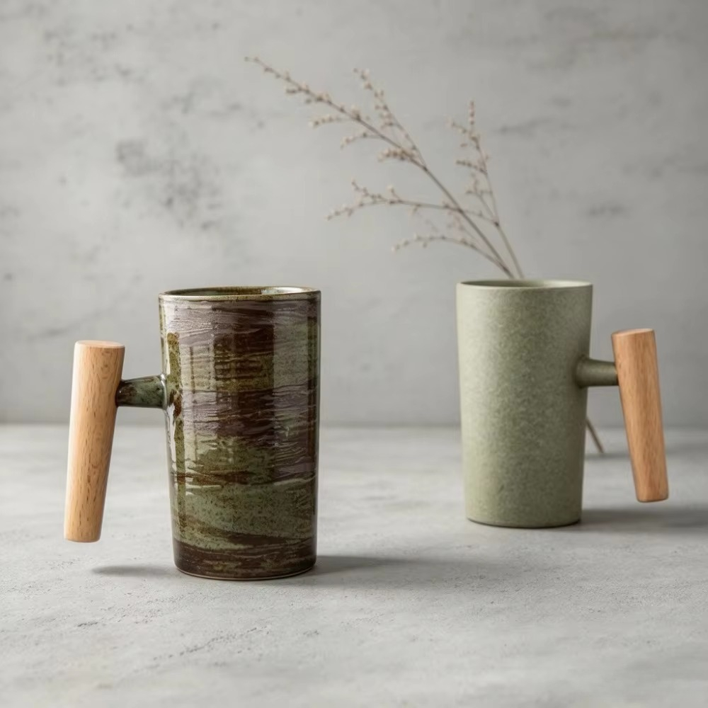 Japanese Pottery - Japanese Inspired Ceramic Coffee Mug Wooden